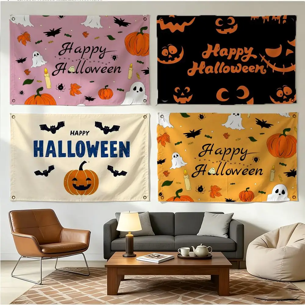 Holiday Spooky Halloween Happy Flags Four Ring Borderless Art Decor Indoor Outdoor Use Simple Hang And Install