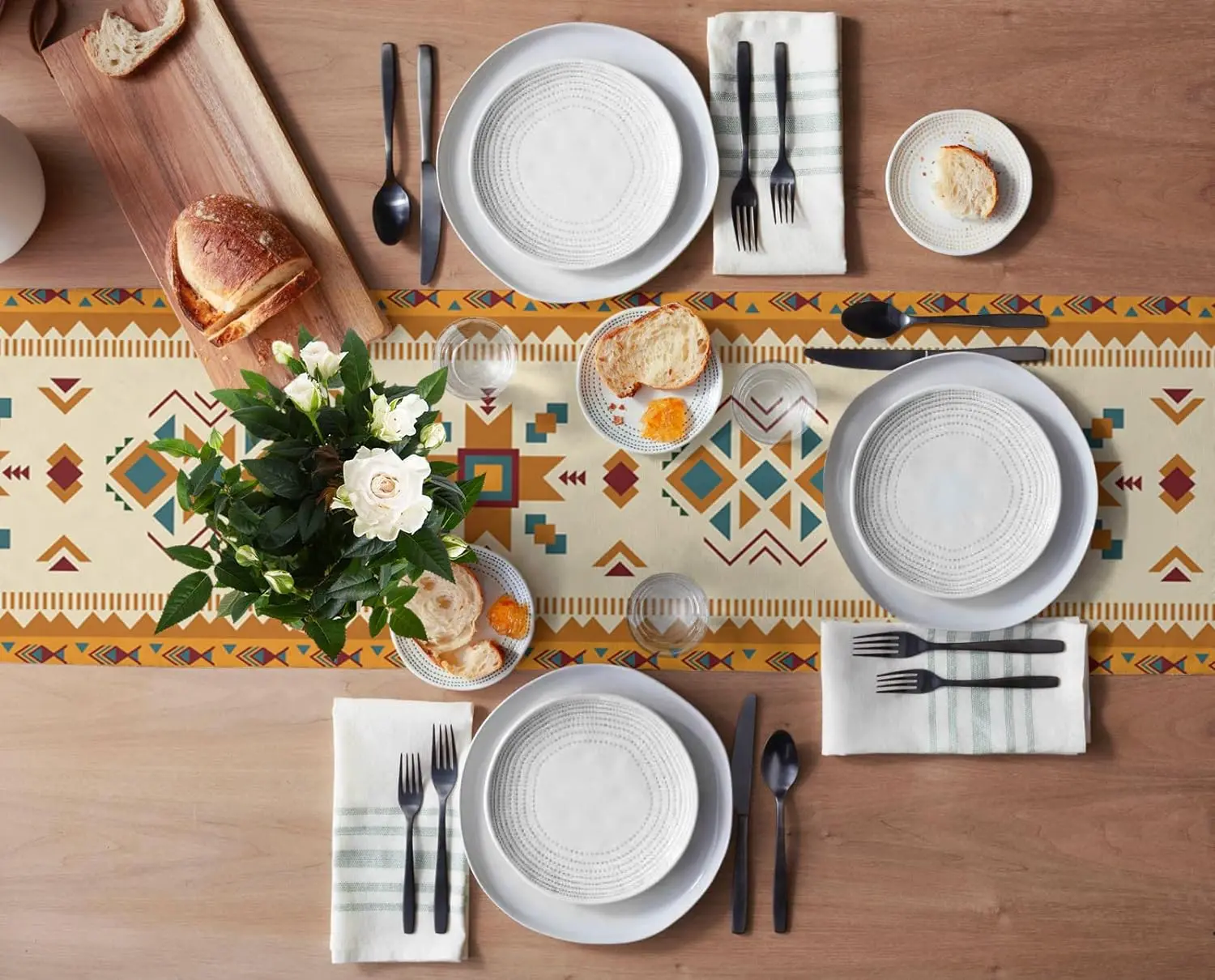 Southwest Orange Blue Ethnic Art Linen Table Runner Dresser Scarves Reusable Kitchen Dining Table Runners Wedding Party Decor