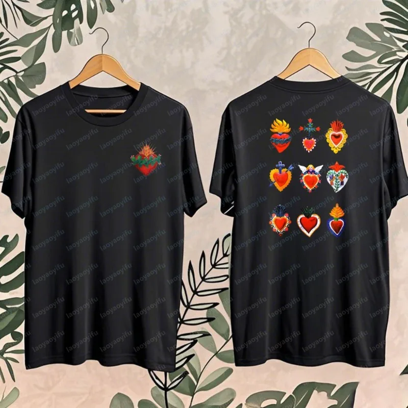 Mexican Sacred Hearts Print T-Shirt Double Sided Red Cotton Tee Folk Art Casual Short Sleeve Bohemian Retro Style Streetwear top
