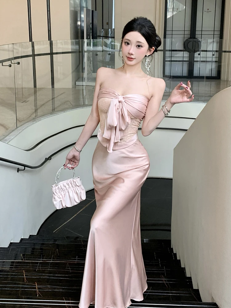 Sexy Lace  Knot Tube Top And High Waist Fish Tail Skirt Two Piece Set Design Sense Pure Desire Sleeveless Women's Fa...