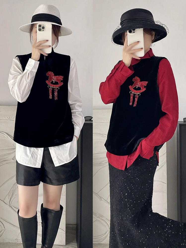 

Silk Velvet Jaet Chinese Sle Stand Collar Embroidered Pearl New Year Year Faionable Women's ort Outerwear Coat