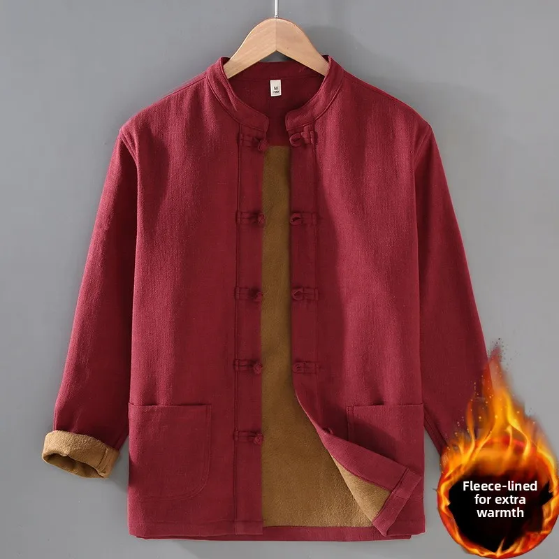

Casual Long Sve Fce Lined Linen irt Jaet Loose Fit Stand Collar Button down Men's Outerwear Comfortable Breathable