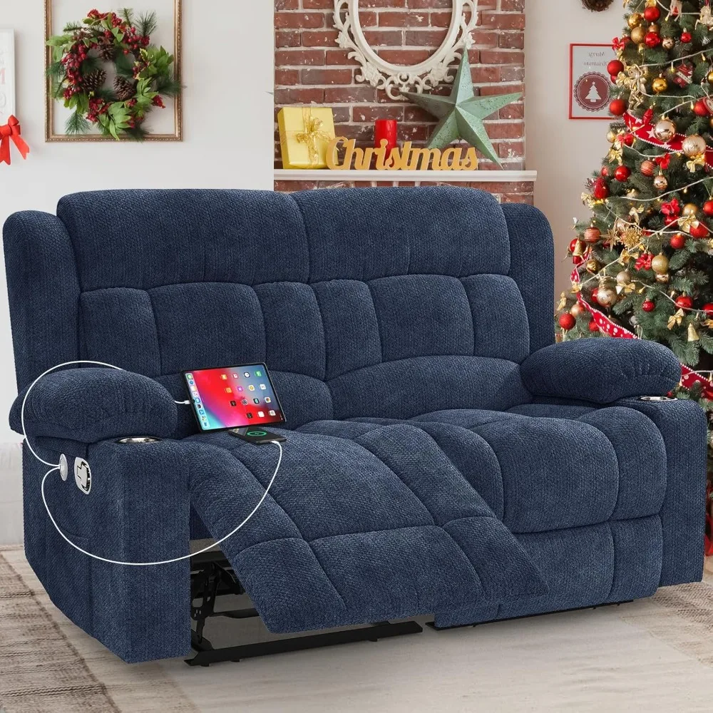 

Loveseat Recliner Sofa, 2 Seater Minimalist Style Fabric Manual Pull Tab Reclining Loveseat with USB Charge Ports, Cup Holders