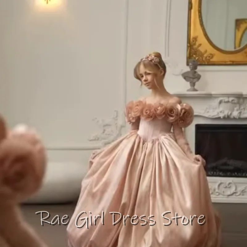Customized Light Pink Satin Flower Girl Dress For Birthday Mini Bubble Skirt Gown Off Shoulder Corset Bodice Customized
