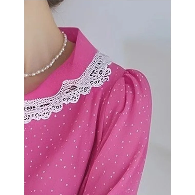 

Lace Ruffles Lantern Sleeve Blouse Ladies Elegant Patchwork Buttons Shirts Spring Summer Sweet Polka Dot Puff Sleeve Top XQ197