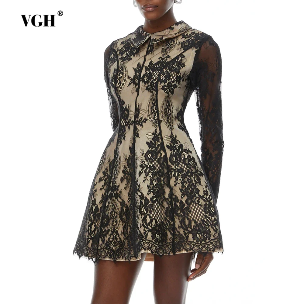 

VGH темпераментное кружевное платье для похудения с вышивкой для женщин, с лацканами и длинными рукавами, с высокой талией, весеннее элегантное короткое платье, женское новое