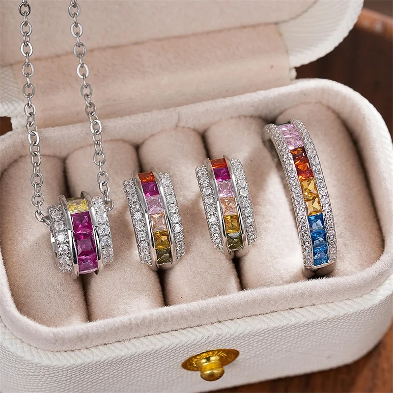 3pc Colorful CZ Pendant Necklace & Hoop Earrings Set for Women