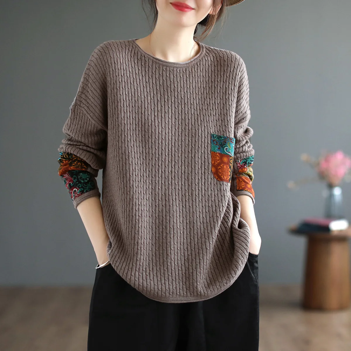 Autumn Ethnic Style Patchwork Cotton Yarn Pullover Knit Sweater for Women Fashion Loose Comfortable Vintage Casual Wear