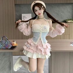 Autumn Kawaii Lolita Style 3 Piece Dress Set Women Sweet Bunny Slim Bodycon Y2k Crop Tops Pink Mini Skirt Cute Korean Suits 2023