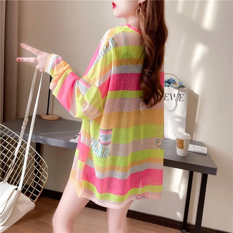 #0643 Sunscreen T Shirt Clorful Stirped Tshirt Long Sleeve Loose Thin Perspective T-Shirt Femme Beach Streetwear Tee Summer 2023