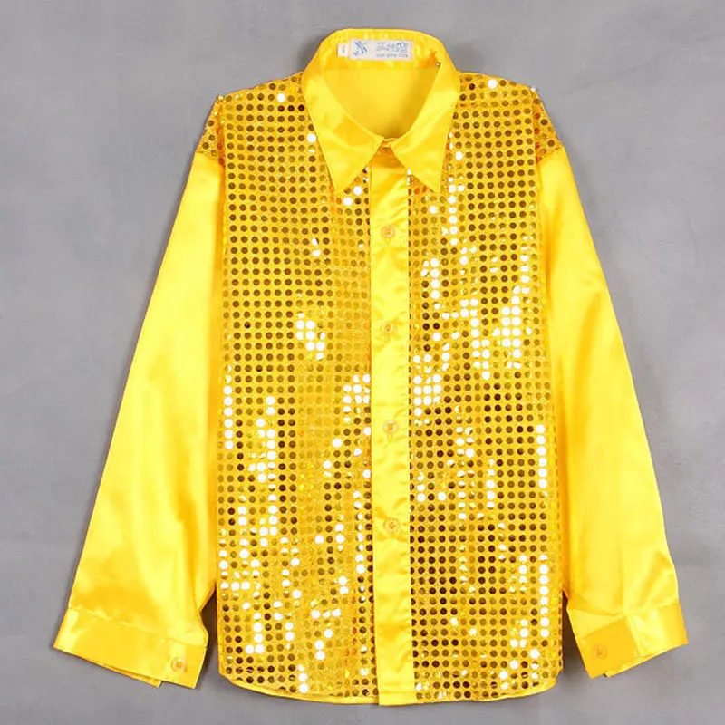 

Kids Sequins Shirts Dance Costumes Boys Long Sleeve Shiny Lapel Jazz Dance Shirt Hip-hop Stage Performance Street Dance Wear