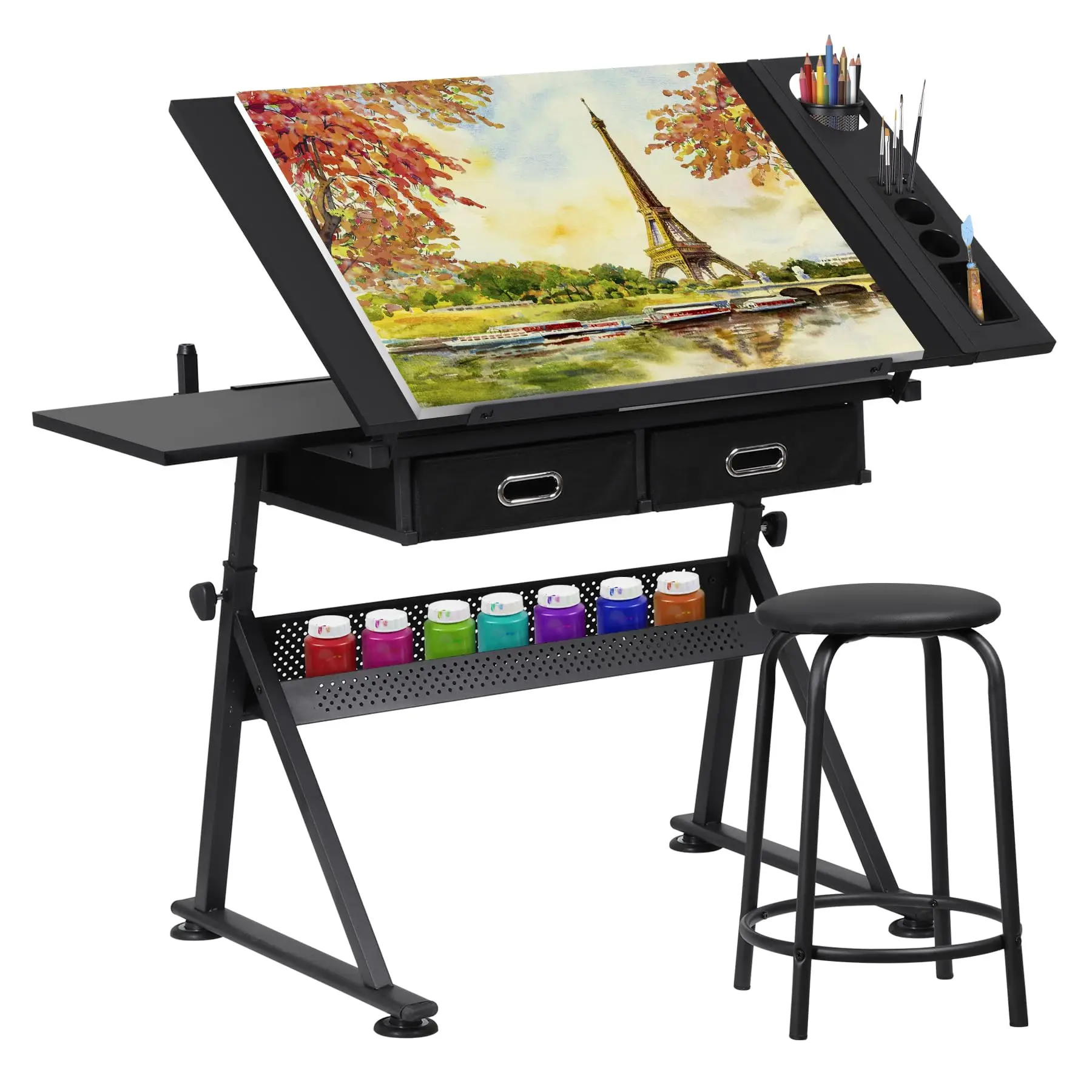 Drafting Table Drawing Desk Art&Craft Work Station Height Adjustable Tilting Tabletop Craft Table Desk w/Stool and 2