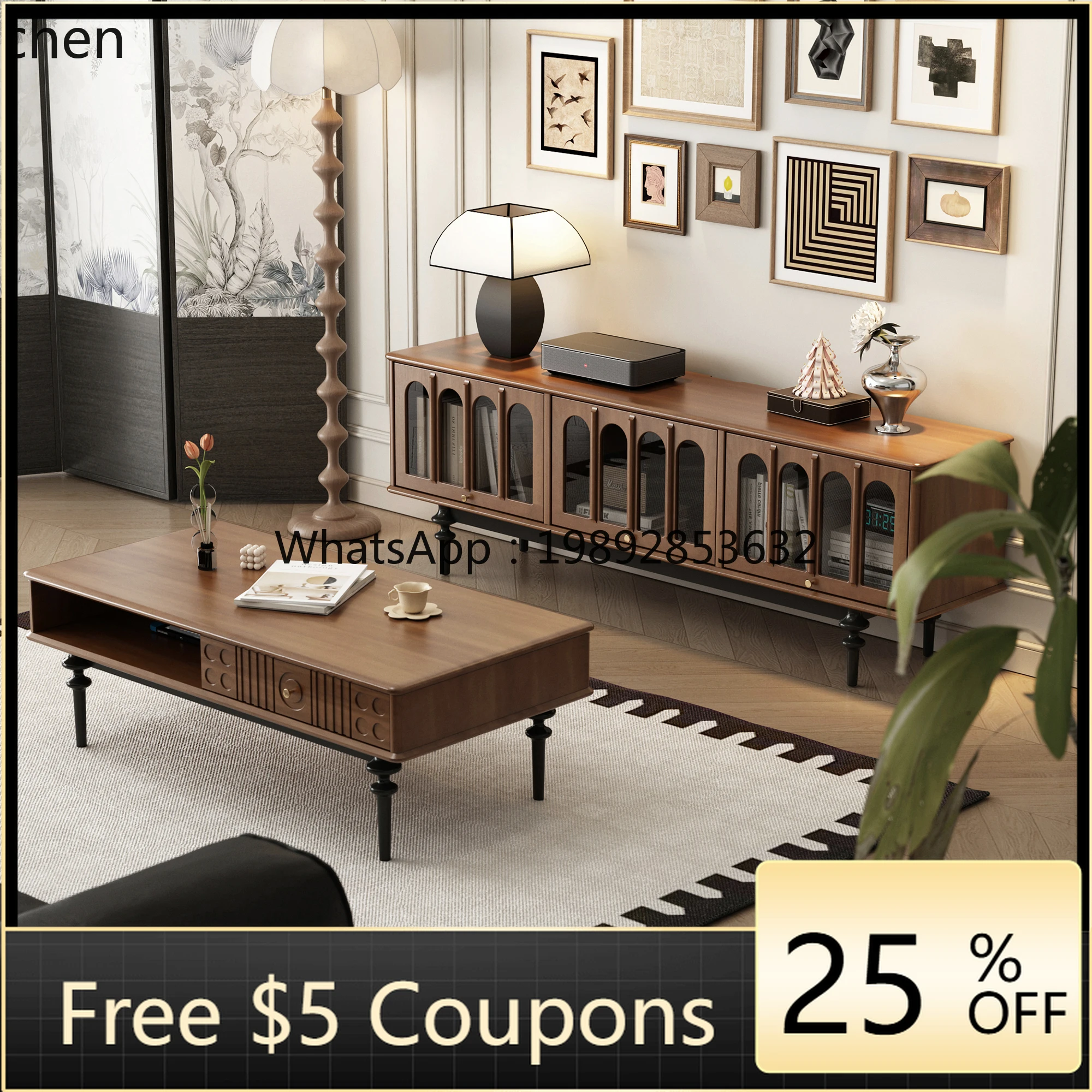

retro solid wood TV cabinet, antique living room coffee table combination, integrated storage and locker