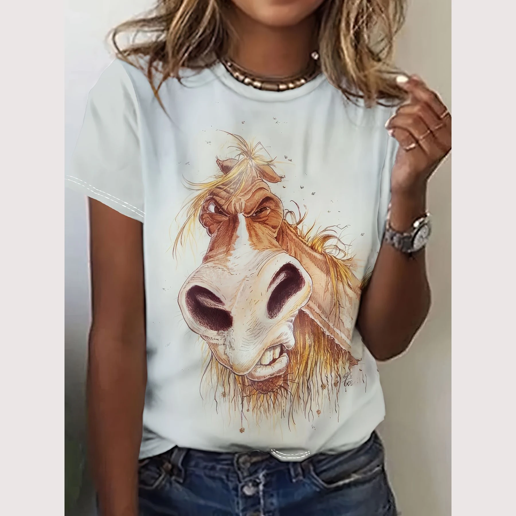 Cartoon T Shirt For Women Animal Pattern Print O-Neck Top Outdoor Fashion Women\'s T-Shirts Pullover Female Oversized Clothing