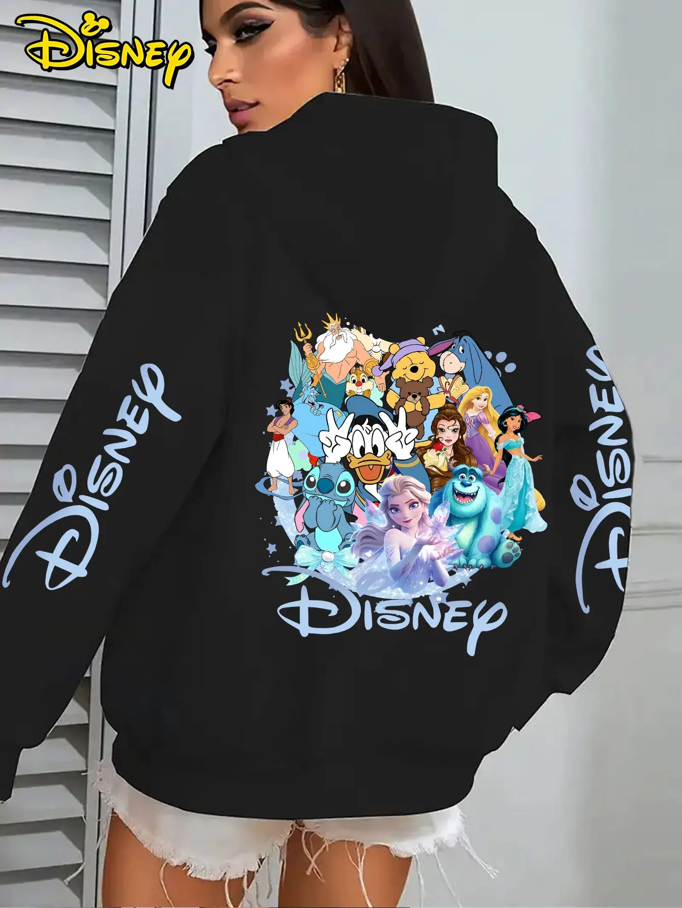 Disney Elsa, Aladino, Princesa Jasmine, Stitch y otros personajes clásicos Sudaderas con capucha estampadas para mujer Otoño Invierno Tops casuales
