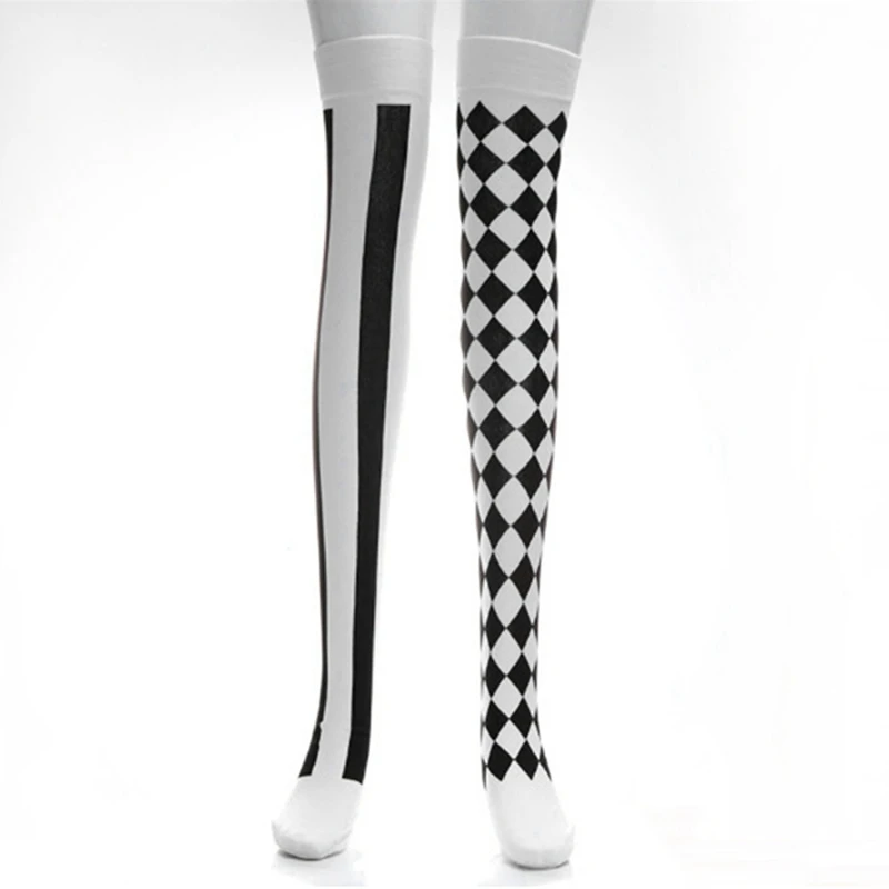 Women Clown Asymmetrical Vertical Striped Over Knee Long Sock Thigh Highs Stockings For Halloween Cosplay Party Costume