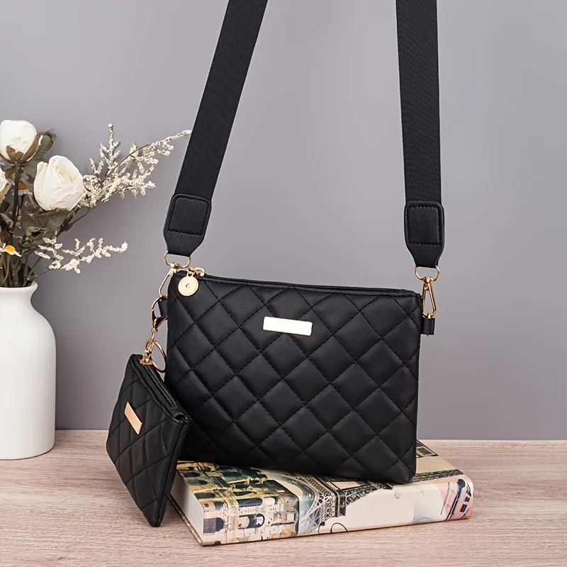 2-piece set solid color quilted embroidery shoulder bag for women, fashionable and simple small crossbody square bag