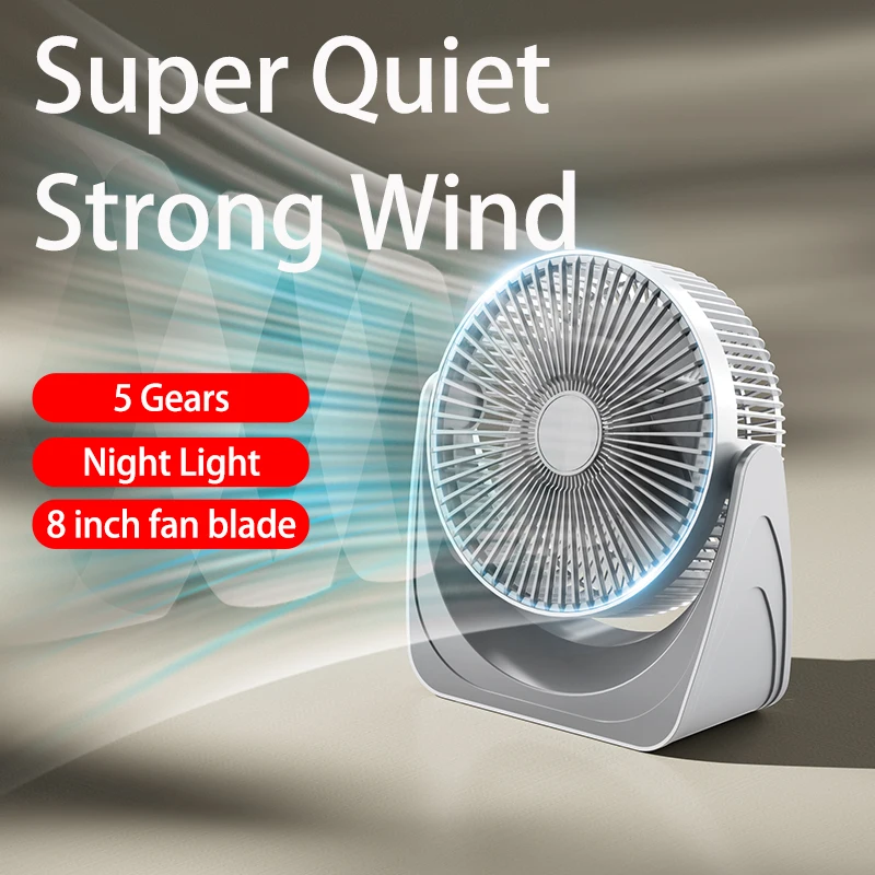 Ventilador de escritorio ajustable de 2024 °, aire acondicionado portátil USB con 5 velocidades de viento y luz nocturna para el hogar, 8 pulgadas, novedad de 360