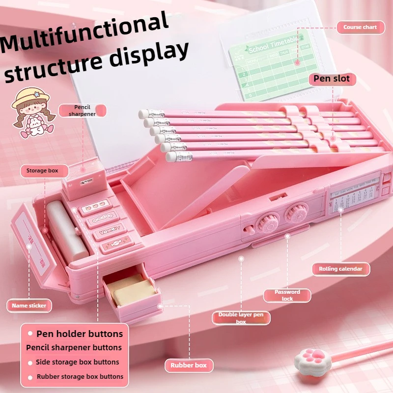 Multi-functional Men's Stationery Box Women's Children's Password Lock Pencil Case Double Layer Capacity Plastic Pencil Box