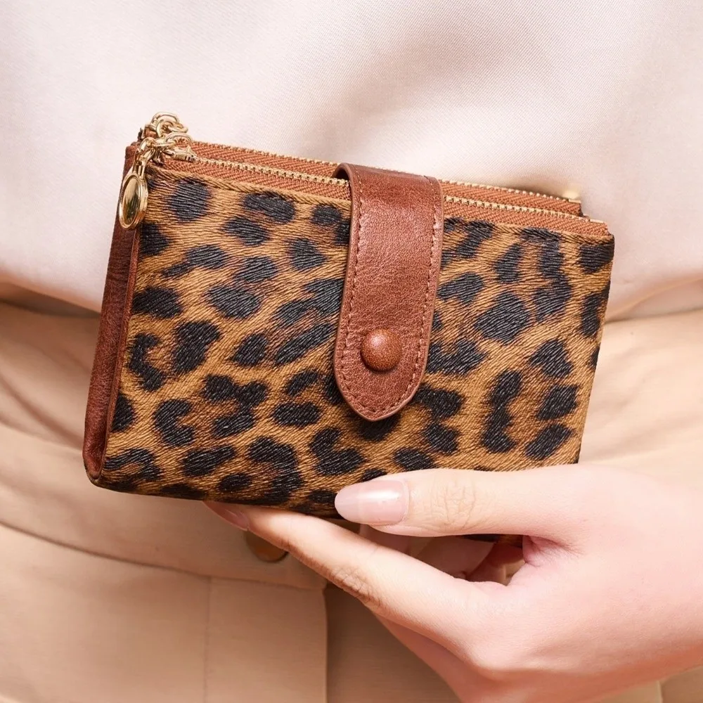 Leopard Print PU Leather Short Wallet Double Zipper Polyester Lining Trifold Wallet Multi Card Slots Large Capacity Coin Purse