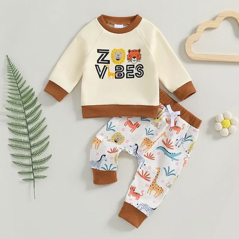 

Костюм для мальчиков 0-3 лет, Топ с длинным рукавом, круглым вырезом и буквенным принтом, штаны с эластичным поясом и животным принтом, осенняя одежда
