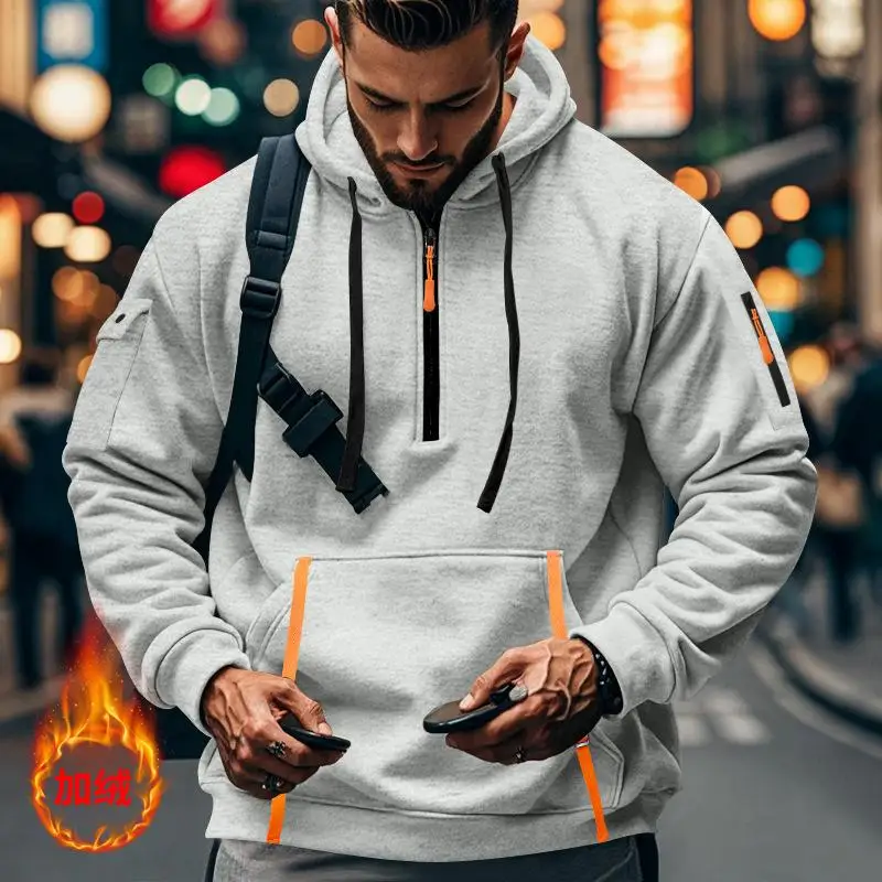 Autumn and winter hot new fashion plus velvet hoodie arm zipper pocket casual sports high quality men's pullover top