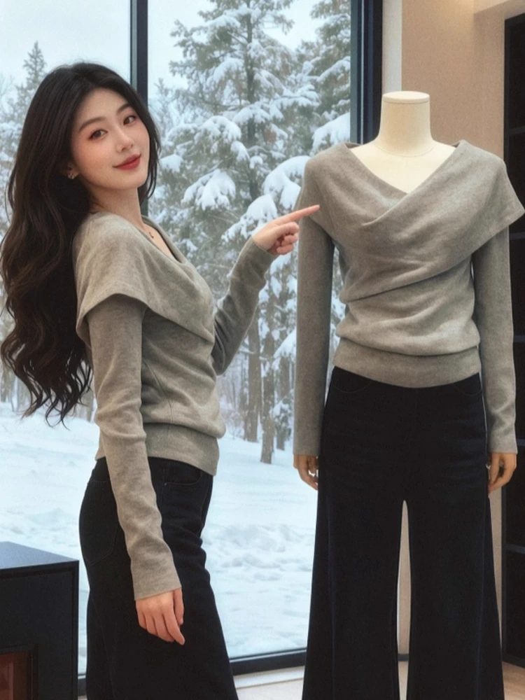 

Gray Cross V-Neck Knitwear Women's Slim Fit Inner Shirt Spring Autumn plus Size Korean Style Casual Fashion Soft Polyester