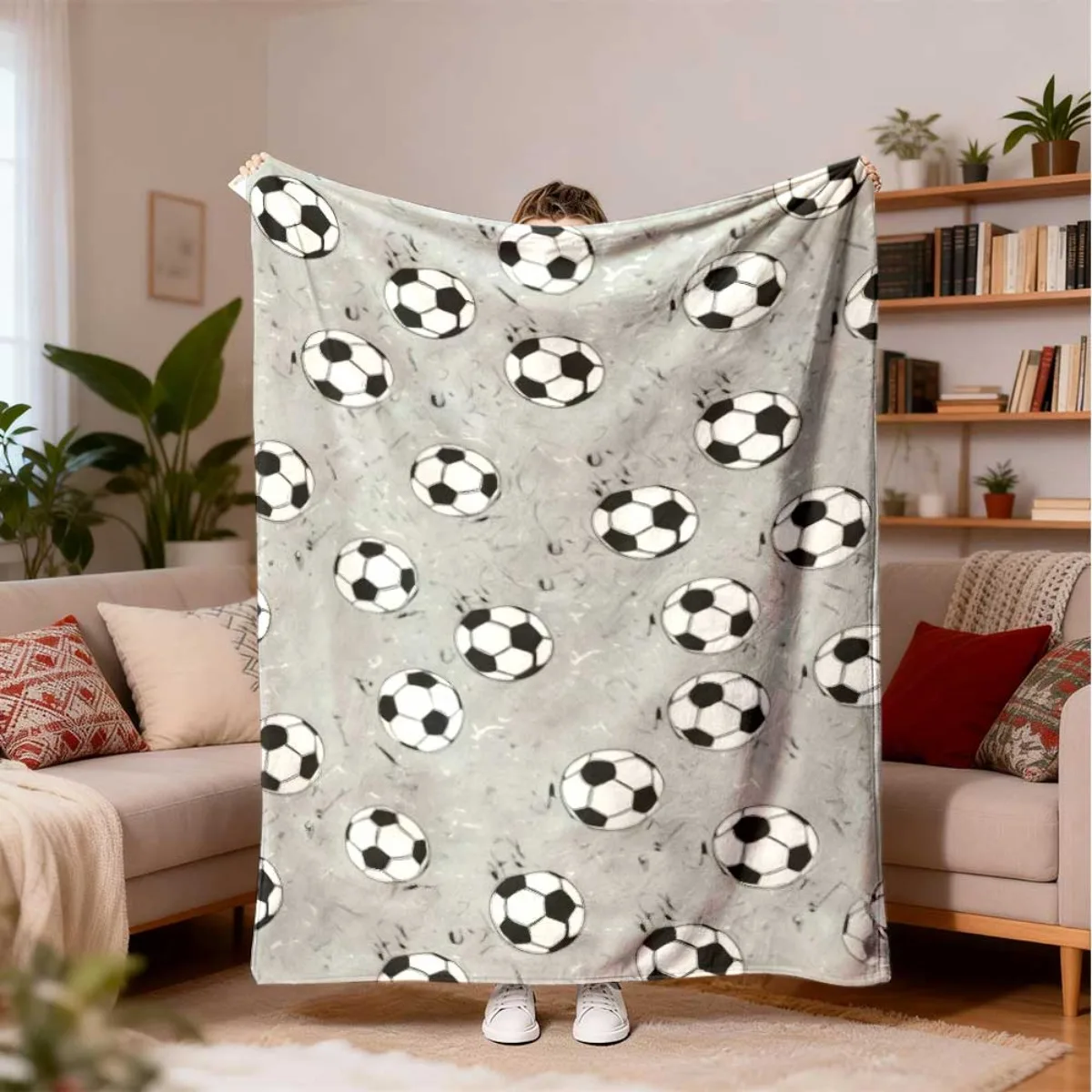 Grey Soccer Football Flannel Blanket, Vintage Grunge Sports Ball Pattern Lightweight Throw Blanket for Bed Couch Daily Use