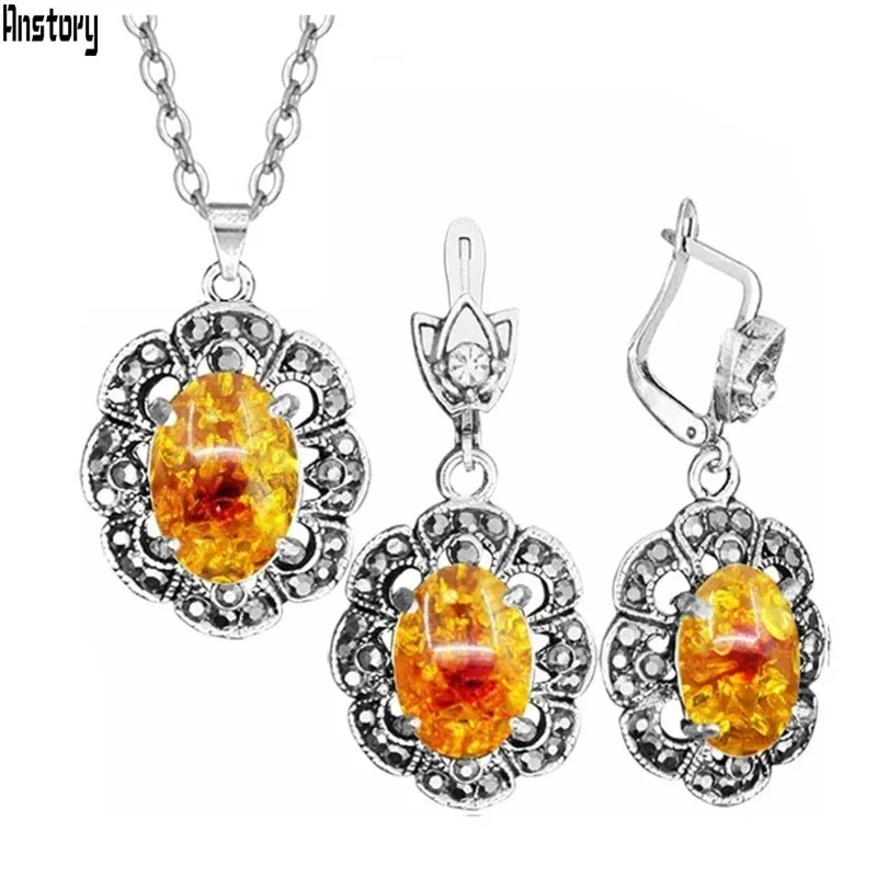 Plum Flower Simulated Ambers Necklace Earrings Jewelry Set Rhinestone Vintage Look Fashion Jewelry For Women TS430