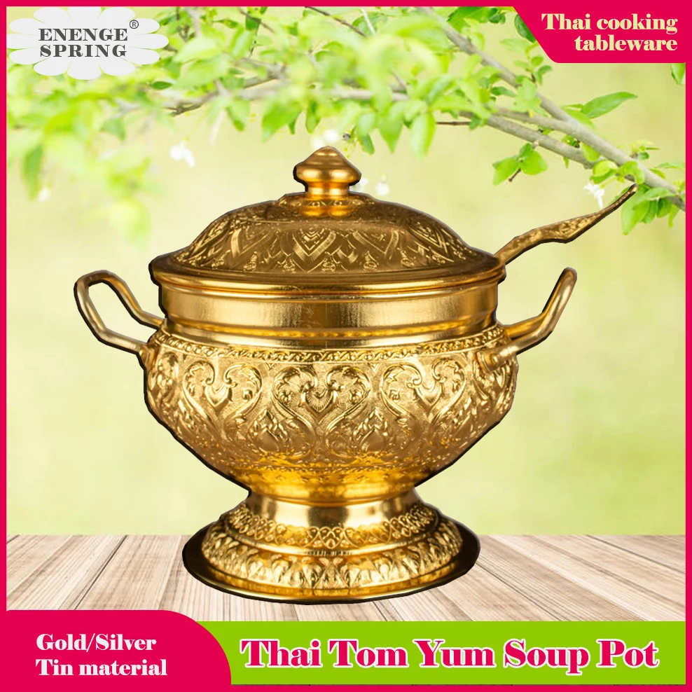 Thai Tom Yum Soup Pot Tall Feet Tin Pan Soup Dessert Container With Spoon Home Decoration Thai Tableware For Kitchen