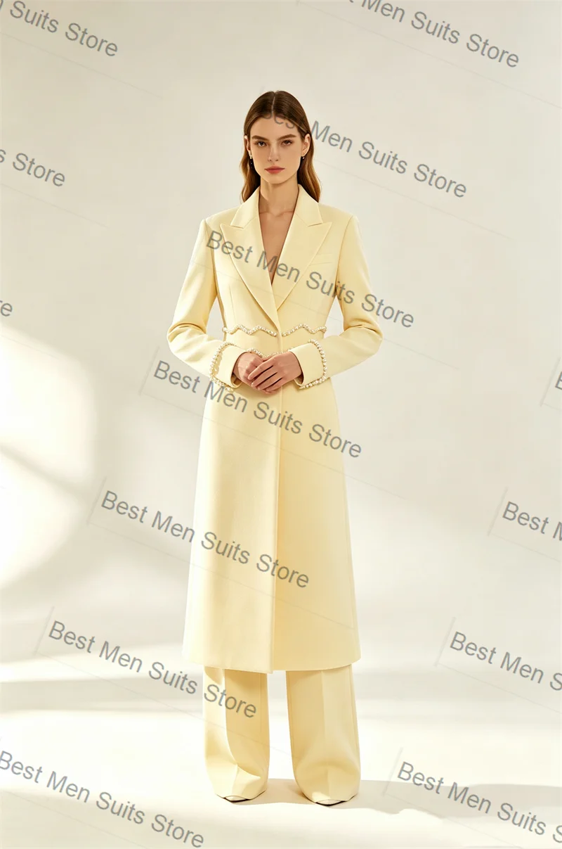 Pearls Yellow Women Suit Set 2 Pcs Long Blazer+Pants Trousers Autumn Spring Customized Formal Guest Wedding Tuxedos Coat Jacket