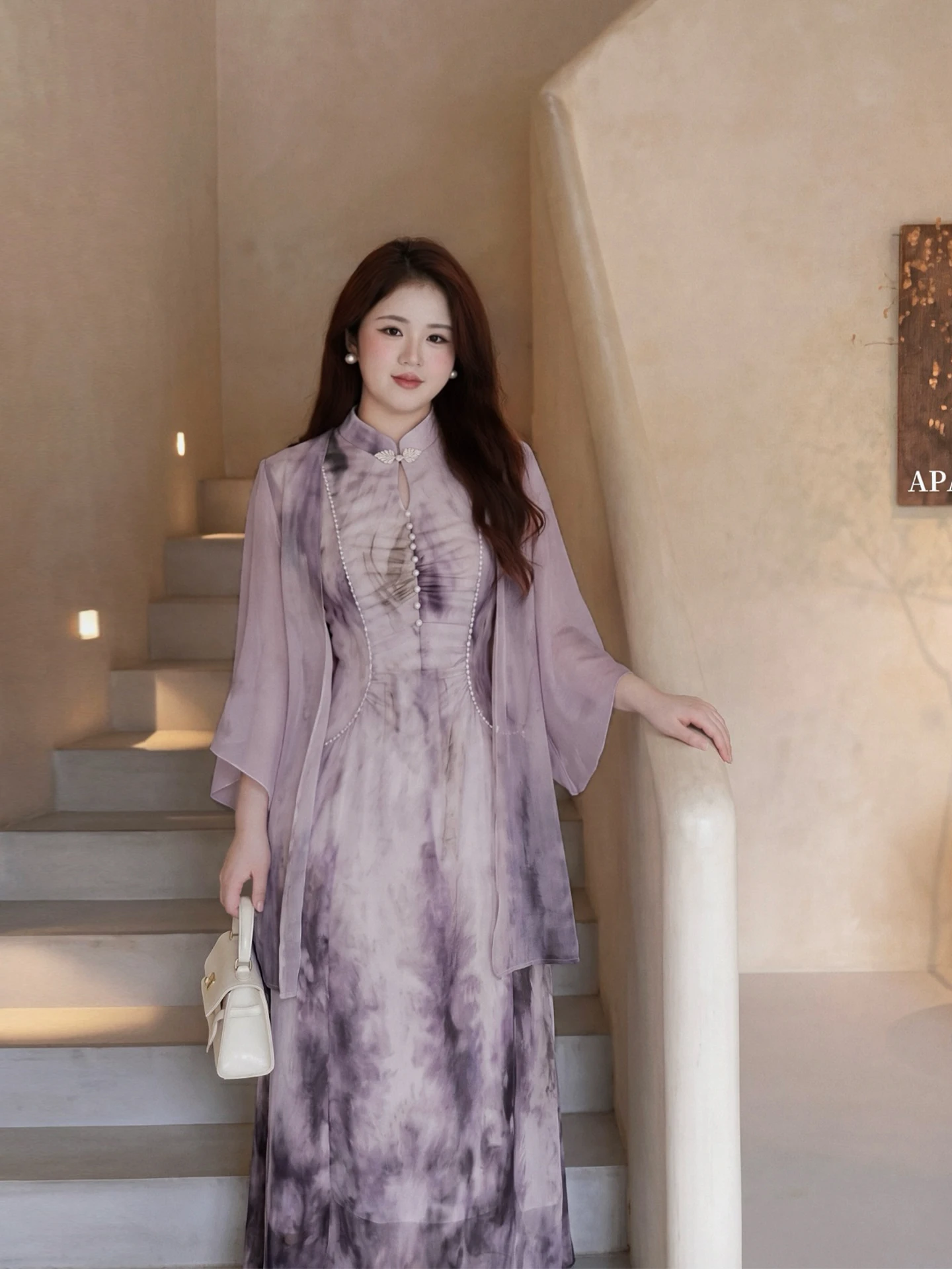 plus Size Women's New Chinese Style Reformed Qipao Dress Purple Smoke Bead Large Size Clothing Medium Length Midi Dress