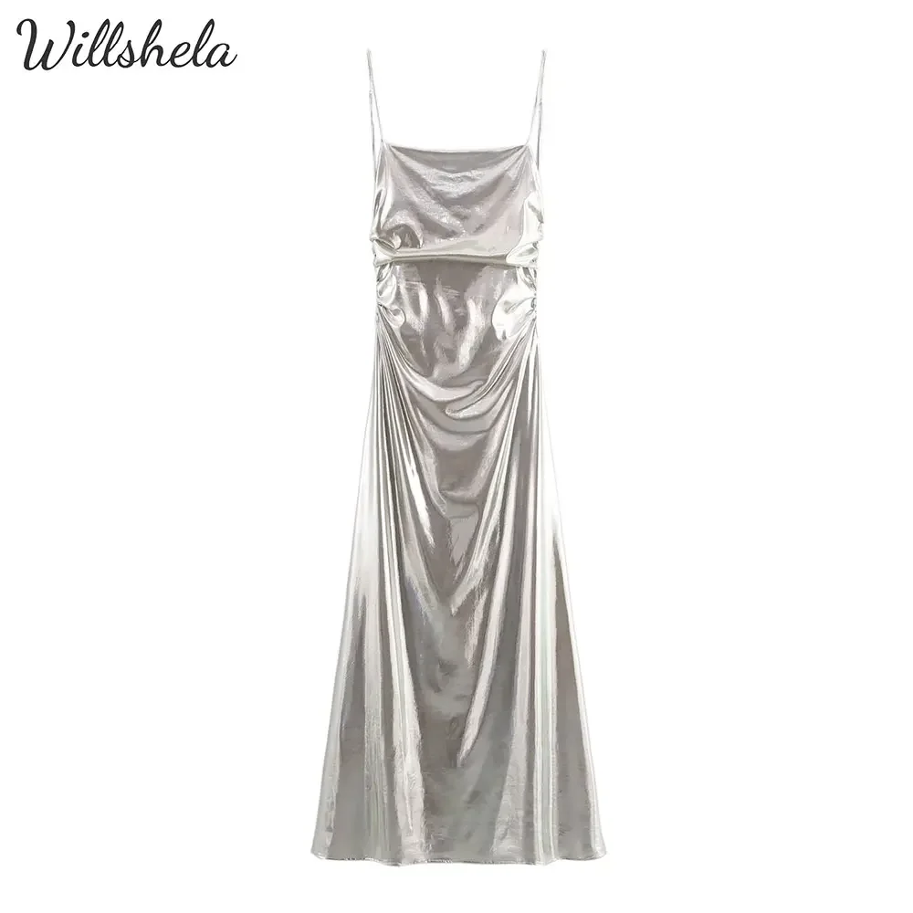 Willshela Damesmode Y2K Zilver Midi Hemdje Jurk Backless Mouwloos Vrouwelijke Chic Lady Casual Party Lange Jurk