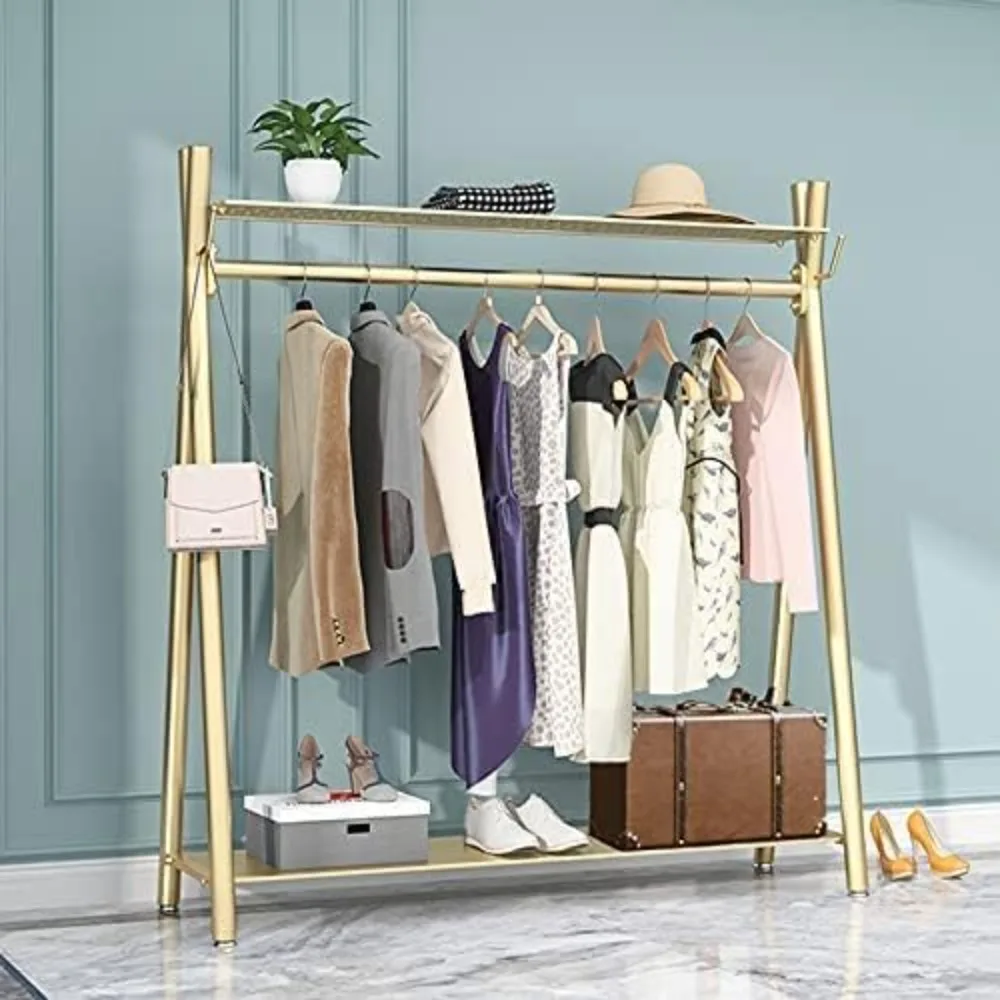 

Clothes Rack Gold, Freestanding Industrial Garment Rack with Double Shelves Multi-functional Bedroom Hanging Clothing Rack