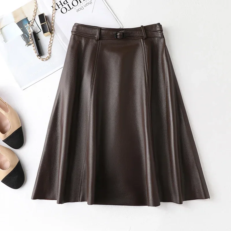 Genuine Leather Skirt for Women Elegant High Waist Skirts Korean Belt A Line Skirt Black Sheepskin Skirt Korean Streetwear SGG