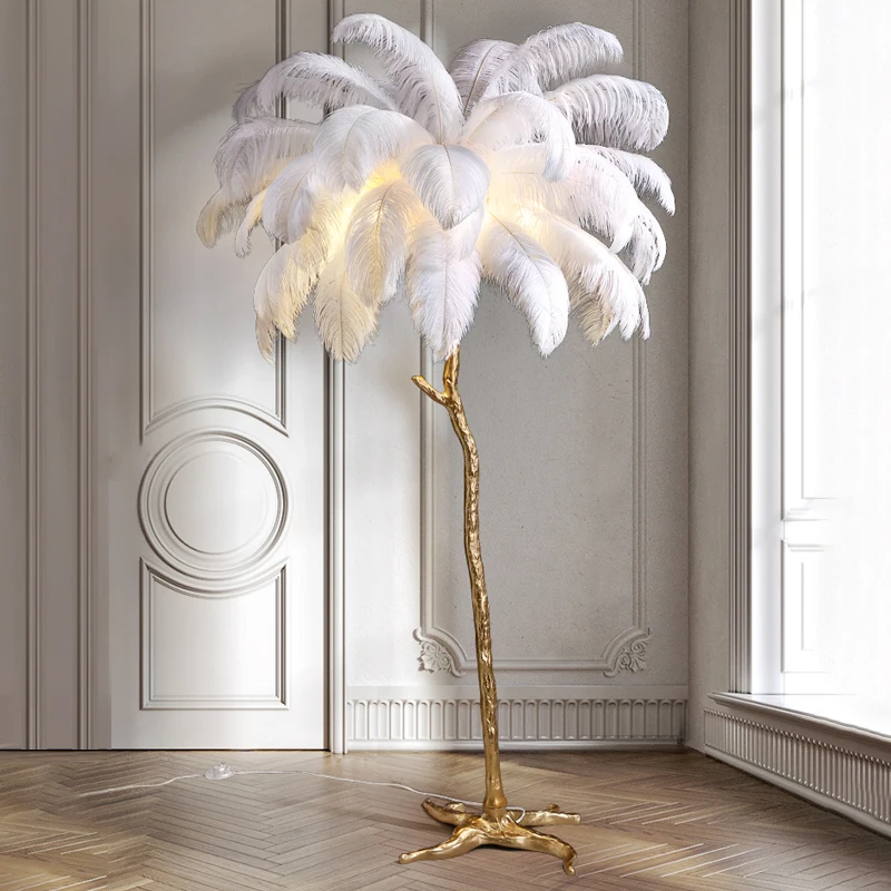 Lámpara de pie Led de pluma de avestruz nórdica, luz de pie de resina de cobre para decoración del hogar, iluminación interior, lámpara de mesita de