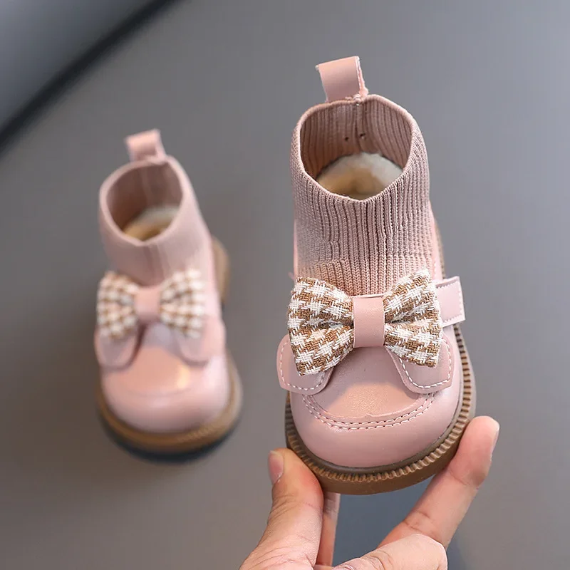 Baby Girls Fashion Bow Tie Boots Children Thick Plush Winter Cotton Shoes Kids Outdoor Boots Plus Toddler Waterproof Infant Shoe