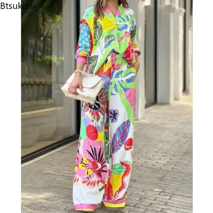 Fashion Casual Printed Shirt Women Temperament Commuting 2PCS Sets Elegant Female Lapel Single-breasted Tops Wide Leg Pants Sets