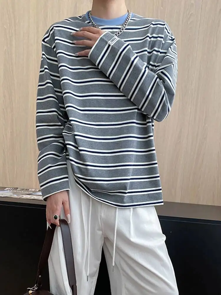 

Женская серая полосатая повседневная футболка большого размера с цветными блоками, новая модная футболка с круглым вырезом и длинными рукавами, весна-осень