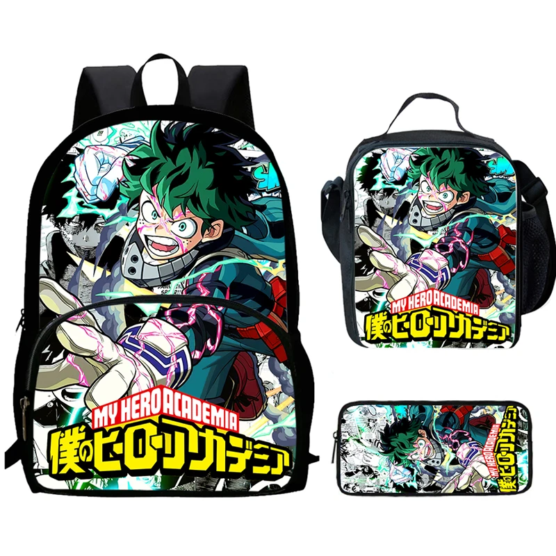 Cartoon Hero A-Acade-mia Child Backpack with Front Pocket,Lunch Bags,Pencil Bags for Aged 5-10,Cartoon School Bag for Boy Girl