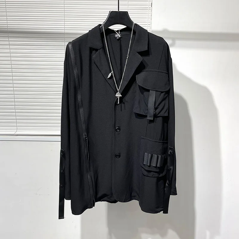 

2023 Original black tie personality zipper splicing loose multi-pocket cargo coat male function plankton handsome suit