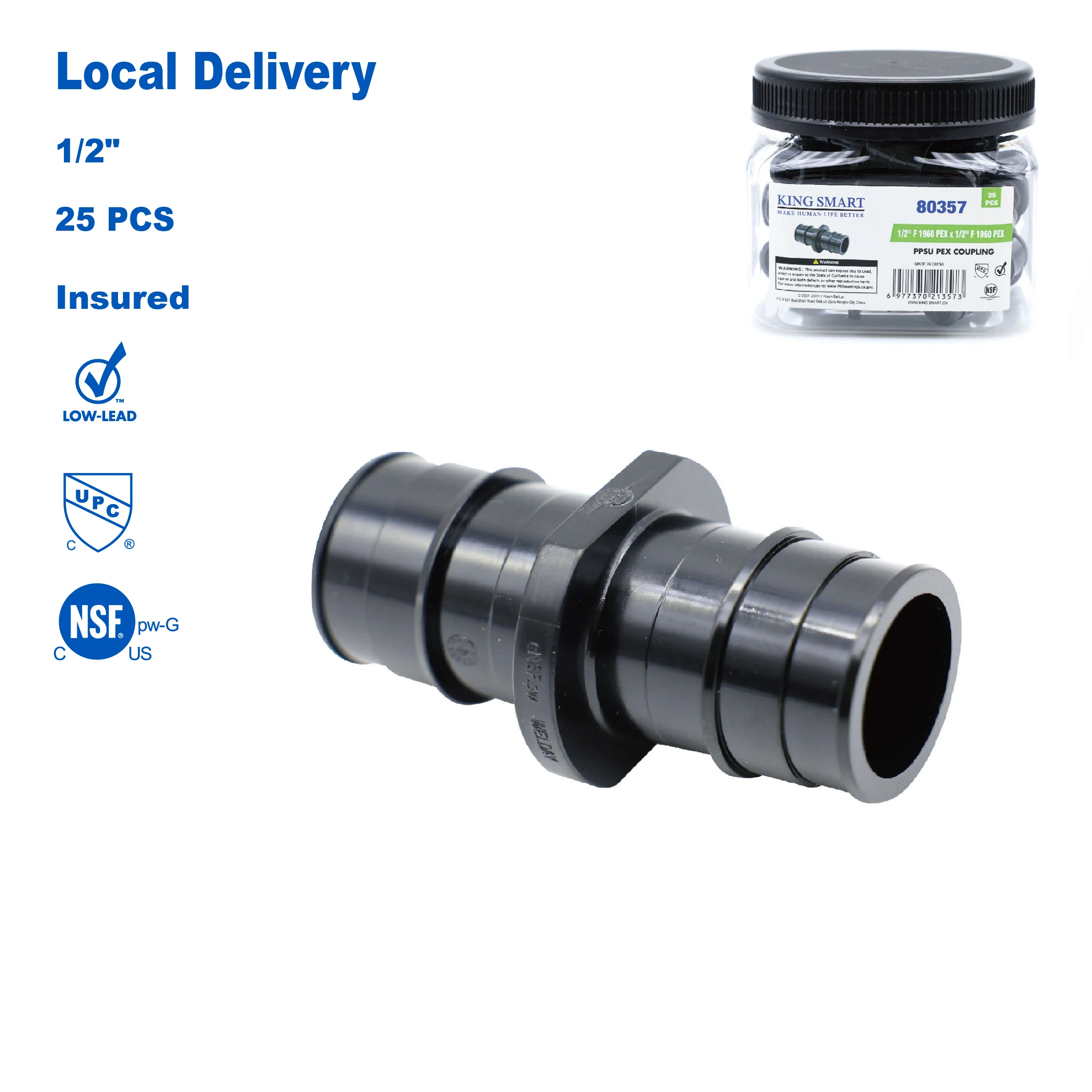 

KING SMART F1960/Wisbo/PEX A Expansion PEX 1/2" * 1/2" PEX Coupling; 25Pcs/Case; PPSU; 80357