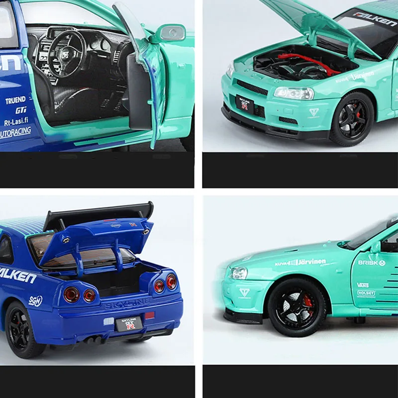 1:24 Scale GT Skyline R34 Alloy Diecast Sports Car Racing Model High Simulation Sound Light Pull Back Gifts Boy Toys Decoration