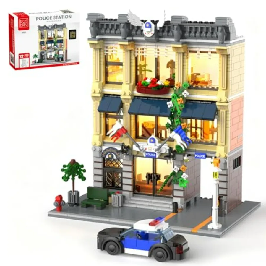 

City Police Station Building Set with Lights: Modular Architecture Model Kit for Adults Teens, ABS Plastic, Blue-Gray, 1445 PCS