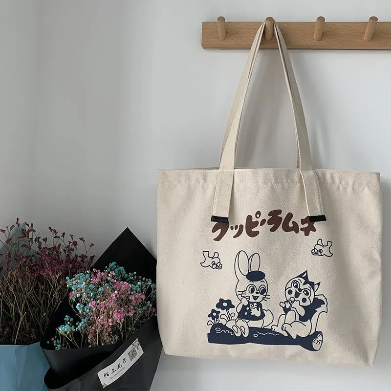 Fashion Cartoon Printed Single Shoulder Canvas Bags College Style Simple, Versatile Large Capacity Tote Bag Suitable for Commute