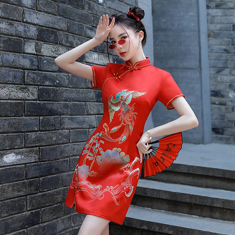 Red National Style Fashion Print Dress Women Spring Summer Cheongsam 2024 Modern Improve Vintage Elegant Slim Girl Chinese Qipao