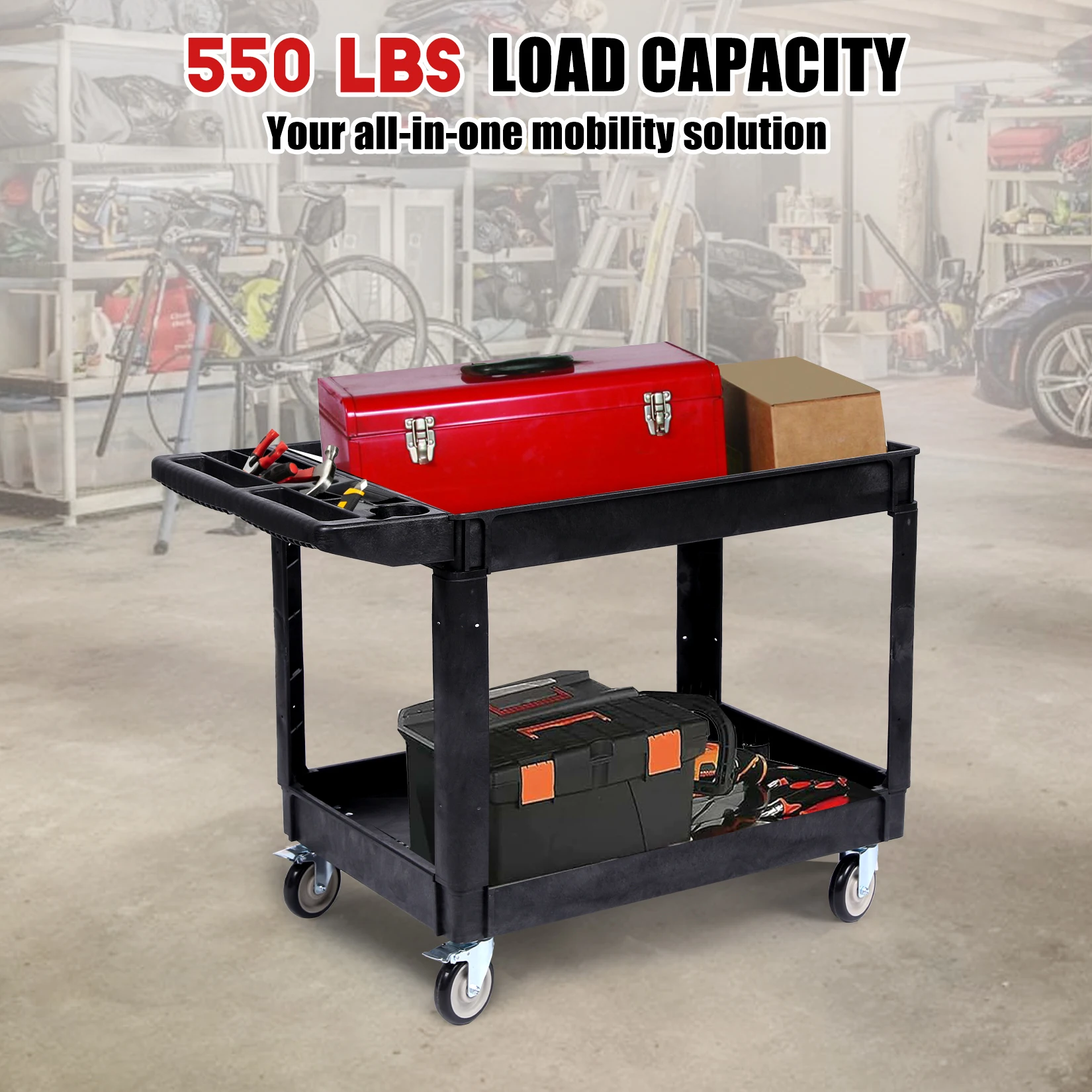 Utility Service Cart Zware PP-rollende gereedschapswagen met 2 planken en 360 °   Zwenkwielen voor magazijn/garage/reiniging