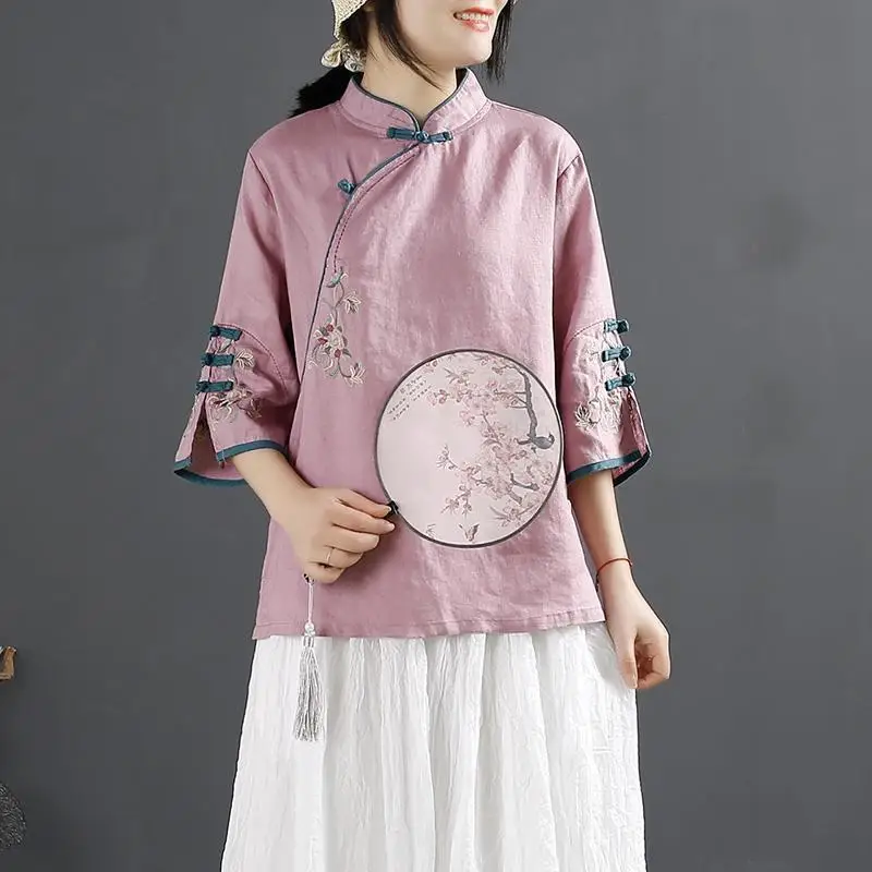 2023 Women's Clothing Chinese Style New Thin Fashion Casual Stand Collar Three Quarter Sleeve Embroidery Button Printing Blouses