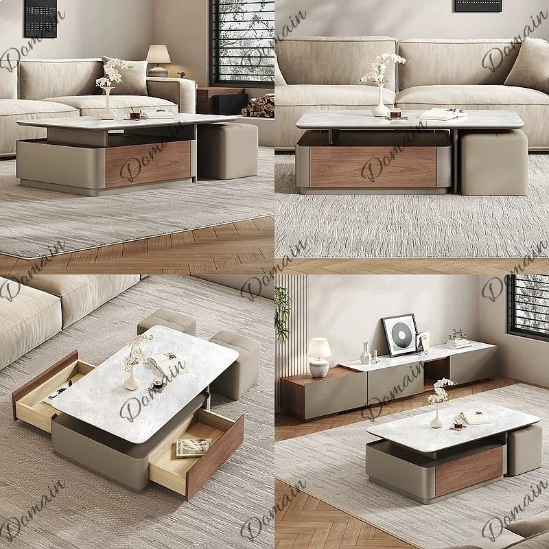 Italian Style Extendable High-Tech Stone Coffee Table TV Stand Combo Modern Minimalist Luxury