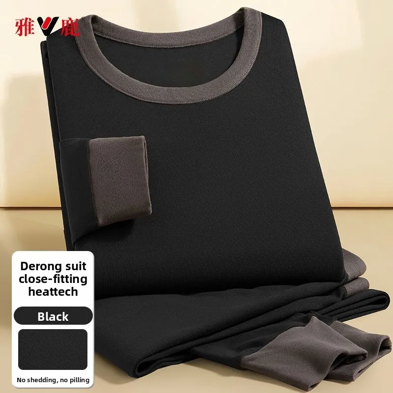 벨벳 두꺼운 남성용 보온 내의 세트 대비색 방풍 중년 및 노년용 가을 겨울 캐주얼 수트